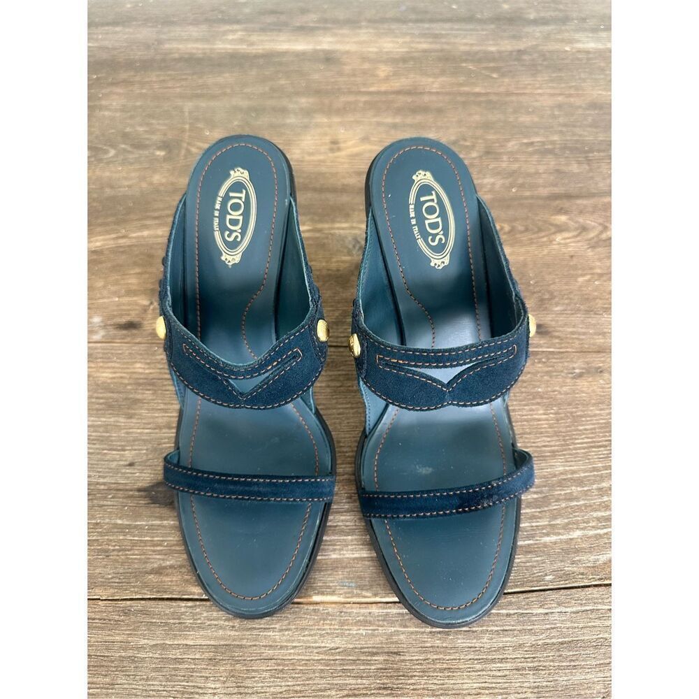 Tod's Navy Blue Leather Slide Mules with Gold Accent